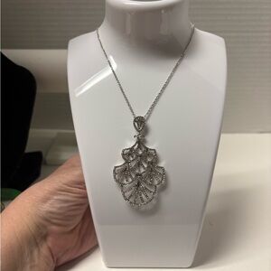 Elegant Silver Leaf Pendant Necklace Nina’s, Swarovski Crystals, NWT